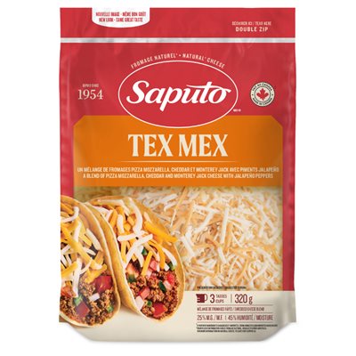 Saputo Fromages Monterey Jack, Cheddar, Pizza Mozzarella 25%Mg Tex Mex Mélange 320g Râpé
