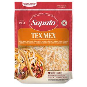 Saputo Fromages Monterey Jack, Cheddar, Pizza Mozzarella 25%Mg Tex Mex Mélange 320g Râpé
