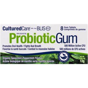 CulturedCare ProbioticGum with Blis K12 Organic Spearmint-Peppermint Flavour 8 Gum Tablets 12 g 12g