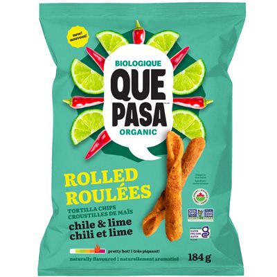 Que Pasa Croustilles mais roulees chili lime biologique 184g Que Pasa Croustilles mais roulees chili lime biologique 184g