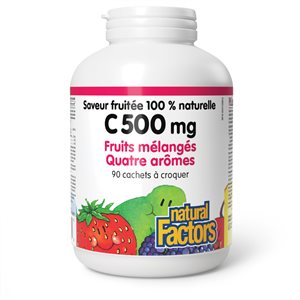 Natural Factors C 500 mg Saveur fruitée 100 % naturelle Fruits mélangés Quatre arômes 500 mg 90 cachets à croquer fruits mélangés quatre arômes
