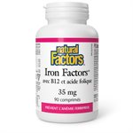 Natural Factors Iron Factors avec B12 et acide folique  35 mg  90 comprimés