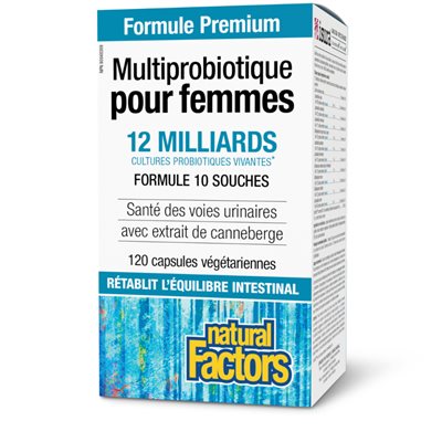 Natural Factors Multiprobiotique pour femmes avec CranRich 12 milliards cultures probiotiques vivantes 120 capsules végétariennes