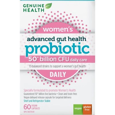Genuine health women's advanced gut health probiotic 50 billion cfu daily care 60 vcaps