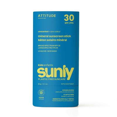 Attitude Sunly Bâton Solaire Minéral Non Parfumé Fps 30 Pour Enfants 60 G
