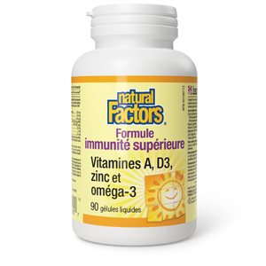 Natural Factors Formule immunité supérieure Vitamines A, D3, zinc et oméga-3 90 gélule liquide