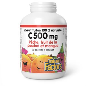 Natural Factors C 500 Mg Saveur Fruitée 100 % Naturelle 500 Mg 90 Cachets À Croquer Pêche, Fruit De La Passion Et Mangue