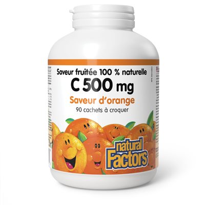 Natural Factors C 500 mg Saveur fruitée 100 % naturelle 500 mg 90 cachets à croquer saveur d'orange Natural Factors C 500 mg Saveur fruitée 100 % naturelle 500 mg 90 cachets à croquer saveur d'orange