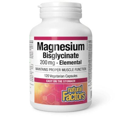 Natural Factors Magnesium Bisglycinate Elemental Pure 200 mg 120 Vegetarian Capsules