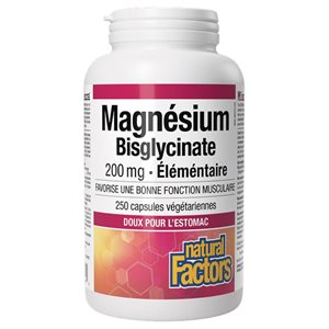 Natural Factors Magnesium Bisglycinate Elemental Pure 200 mg 250 Vegetarian Capsules