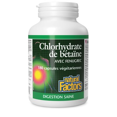 Natural Factors Chlorhydrate de bétaïne avec fenugrec 180 capsules végétariennes Natural Factors Chlorhydrate de bétaïne avec fenugrec 180 capsules végétariennes