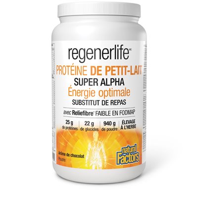 Natural Factors Protéine de petit-lait Super Alpha, Regenerlife Substitut de repas Énergie optimale 940 g poudre Arôme de chocolat