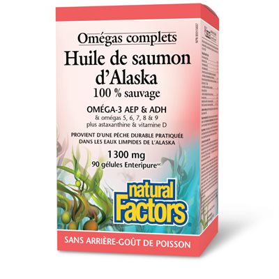 Natural Factors Huile de saumon d’Alaska 100 % sauvage Omégas complets 1 300 mg 90 gélules Enteripure Natural Factors Huile de saumon d’Alaska 100 % sauvage Omégas complets 1 300 mg 90 gélules Enteripure