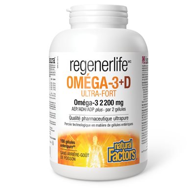 Natural Factors Oméga-3+D Ultra-fort 2 200 mg / 1 000 UI 150 gélules Enteripure Natural Factors Oméga-3+D Ultra-fort 2 200 mg / 1 000 UI 150 gélules Enteripure