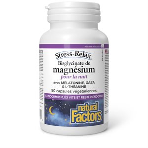 Natural Factors Bisglycinate de magnésium pour la nuit avec mélatonine, GABA & L-théanine 90 capsules végétariennes