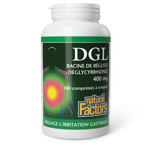 Natural Factors DGL racine de réglisse déglycyrrhiziné 400 mg 180 comprimés à croquer