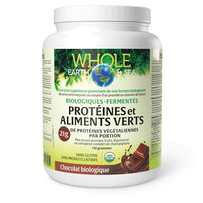 Whole Earth & Sea® Protéines et aliments verts biologiques fermentés 710 g poudre chocolat biologique