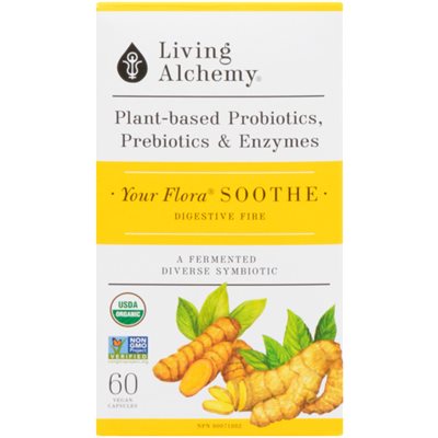 Living Alchemy Votre Flore Probiotiques, Prébiotiques et Enzymes d'Origine Végétale Apaisante 60 Capsules Végétaliens