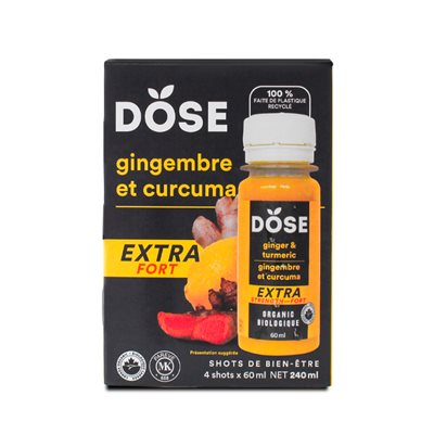 Dose Shot gingembre et curcuma extra fort biologique 4x60ml Dose Shot gingembre et curcuma extra fort biologique 4x60ml