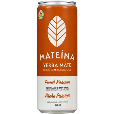 Mateina Yerba Mate Boisson énergisante à Base de Plantes Pêche Passion Biologique 355 ml