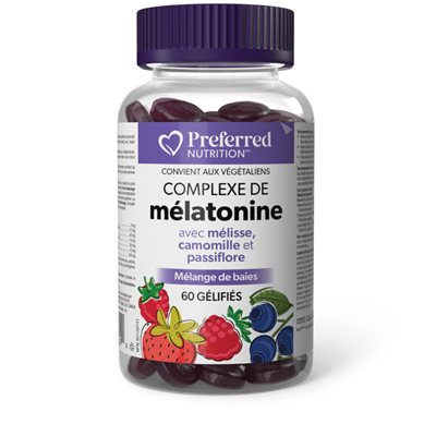 preferred nutrition complexe de mélatonine avec mélisse, camomille et pasiflore 60 gélifiés(mélange de baies)