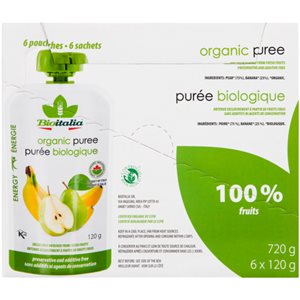 Bioitalia Organic Puree Pear and Banana 6 Pouches x 120 g (720 g) 6x120g