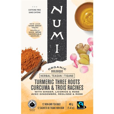 Numi Tisane Curcuma & Trois Racines avec Gingembre, Réglisse & Rose Biologique 12 Sachets de Tisane Non OGM 40 g