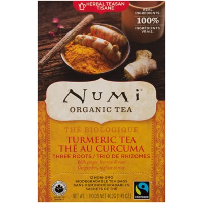 Numi Tisane Curcuma & Trois Racines avec Gingembre, Réglisse & Rose Biologique 12 Sachets de Tisane Non OGM 40 g