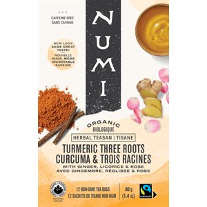 Numi Tisane Curcuma & Trois Racines avec Gingembre, Réglisse & Rose Biologique 12 Sachets de Tisane Non OGM 40 g