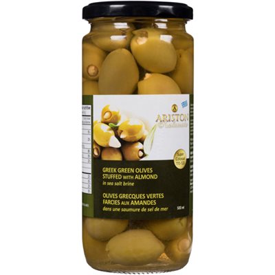 Ariston Olives Grecques Vertes Farcies aux Amandes-Saumure de Sel de Mer