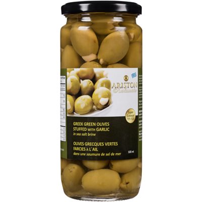 Ariston Olives Grecques Vertes Farcies à l'Ail-Saumure de Sel de Mer