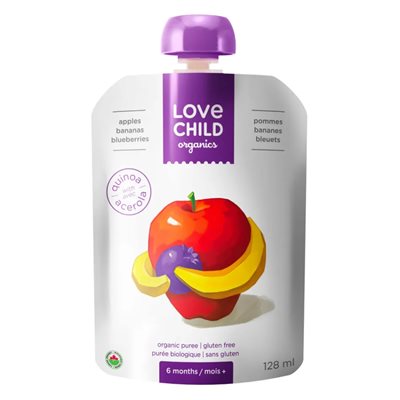 Love Child Organics Purée Biologique Pommes, Bananes, Bleuets 6 Mois+ 128 ml