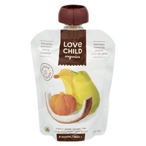 Love Child Organics Purée Biologique Bananes, Citrouille, Poires, Noix de Coco 6 Mois+ 128 ml