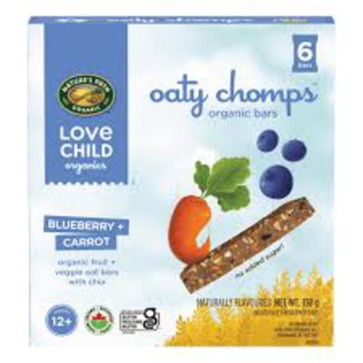 Love Child Organics Oaty Chomps Barres à l'Avoine, aux Fruits + aux Légumes Biologiques Bleuet + Carotte 12+ Mois 6 Barres Embal
