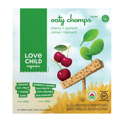 Love Child Organics Oaty Chomps Barres à l'Avoine, aux Fruits + aux Légumes Biologiques Cerise + épinard 12+ Mois 6 Barres Embal