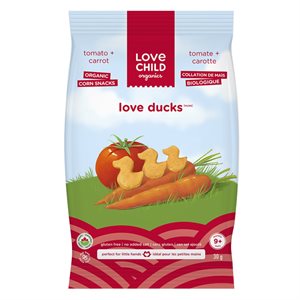 Love Child Organics Love Ducks Collation de Mais Biologique Tomate + Carotte 9+ Mois 30 g
